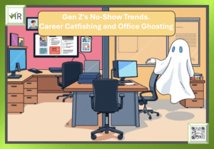 Two office spaces, one empty and one with a ghostly figure, representing Gen Z's changing workplace habits