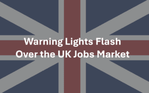The UK flag, overlaid with a subtle warning symbol, representing concerns about the job market.