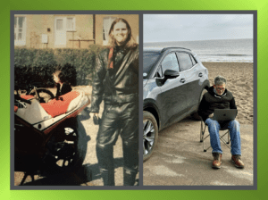 Split image of a younger person with a motorbike and the same person today with a laptop on a beach, symbolising the generational skills gap.