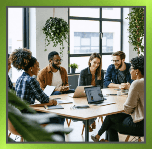 Group of people laughing and working around a table, emphasizing a positive workplace environment.