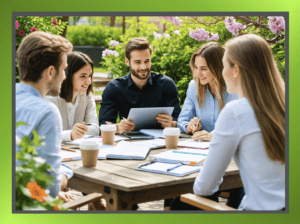 Four people working outdoors on a sunny spring day.