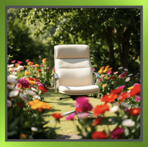 An office chair placed in the middle of a vibrant garden.