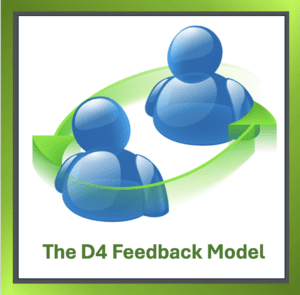 Two characters discussing feedback with an arrow symbolising communication.