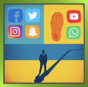 Abstract image of the intersection between personal and professional life with social media icons and digital footprint