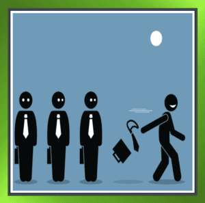 Four business people, one walking away, throwing his briefcase and tie on the floor, symbolising workplace frustration and turnover.and HR strategies.