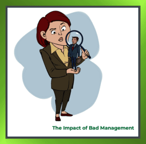 Manager examining employee through magnifying glass, symbolising scrutiny in workplace relationships