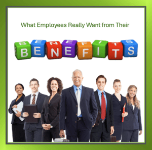 People dressed for work discussing employee benefits and engagement.