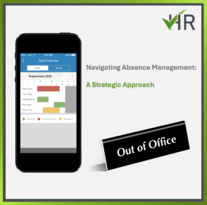 Mobile phone displaying holiday and absence management software interface for tracking employee attendance and managing authorised leave requests