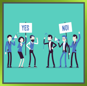 Two groups with Yes and No signs representing conflict and negotiation dynamics