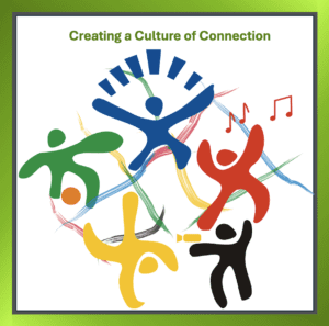 Silhouette of diverse people dancing together, representing connection and workplace culture.