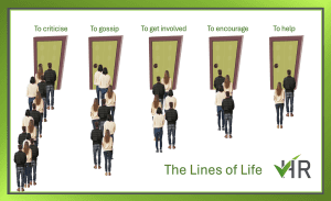 Five doors symbolising workplace behaviours: criticism, gossip, involvement, encouragement, and help in HR.