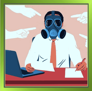 Person at a desk wearing a gas mask, symbolising toxic workplace culture