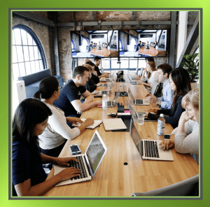 People working together in a modern office setting.