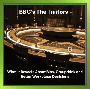 A round table scene from BBC’s The Traitors, where contestants would be discussing suspicions and making a group decision under pressure with limited information.