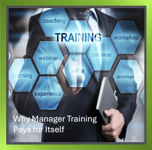 Illustration of a businessman behind the word training for an article about manager training, difficult conversations and handling grievances.