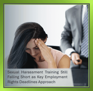Two people in an office, with one employee looking upset, highlighting workplace sexual harassment concerns and the need for training.