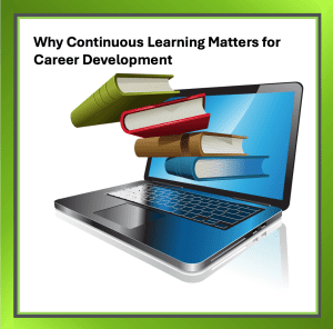 Computer screen with books spilling out, representing continuous learning and career growth in a changing workplace.