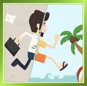 Split image of a worker rushing at work and relaxing on a beach, showing the value of annual leave.
