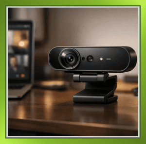 Webcam image representing virtual meetings and camera-on requirements