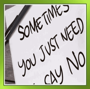 A simple branded-style graphic featuring the words “Saying No”, designed to highlight the value of setting boundaries at work and prioritising what matters in business.