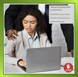 Employee looks uncomfortable as a colleague’s hand rests on their shoulder, illustrating workplace boundaries and sexual harassment prevention.