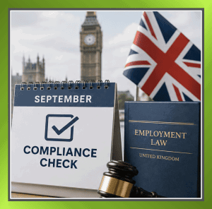 UK employment law compliance infographic featuring a September calendar, UK flag, employment law book, gavel and compliance checklist.