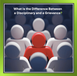 White people icons with one red person in the middle representing workplace disciplinary and grievance procedures
