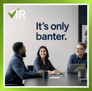 Modern UK office team meeting with the headline “It’s only banter.” and space for a logo, illustrating workplace banter and harassment prevention.